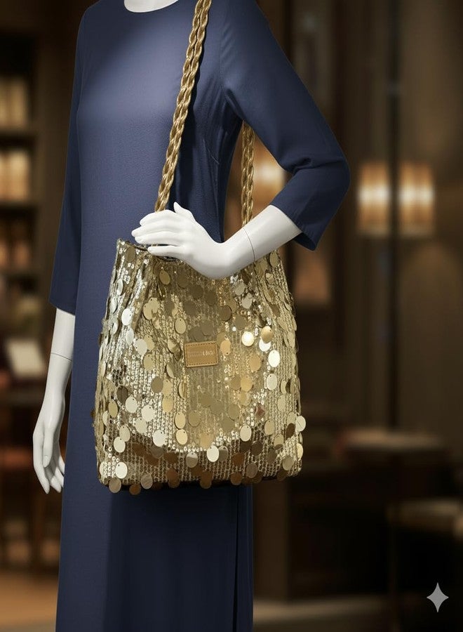 DOSYSO Korean Sequin Hobo Shoulder Hand Bags For Women Stylish Latest Glitter Party Evening Handbags Big Size Tote Bag Fancy Wedding Ladies Purse Braided Handle Sling Side bag Gift For Girls (Gold) - Image 3